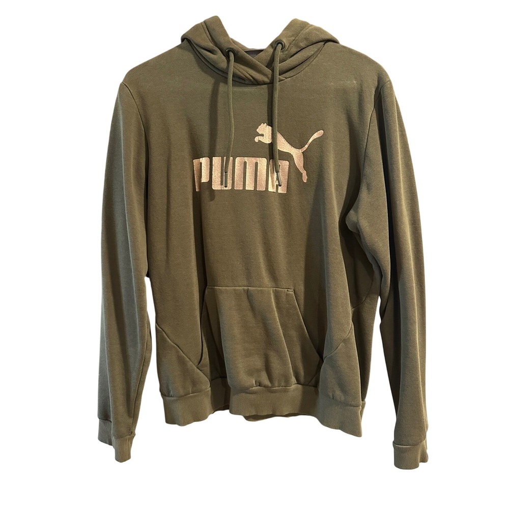Puma Womens Essentials Logo Hoodie Olive Green Rose Gold Foil Pullover Large L
